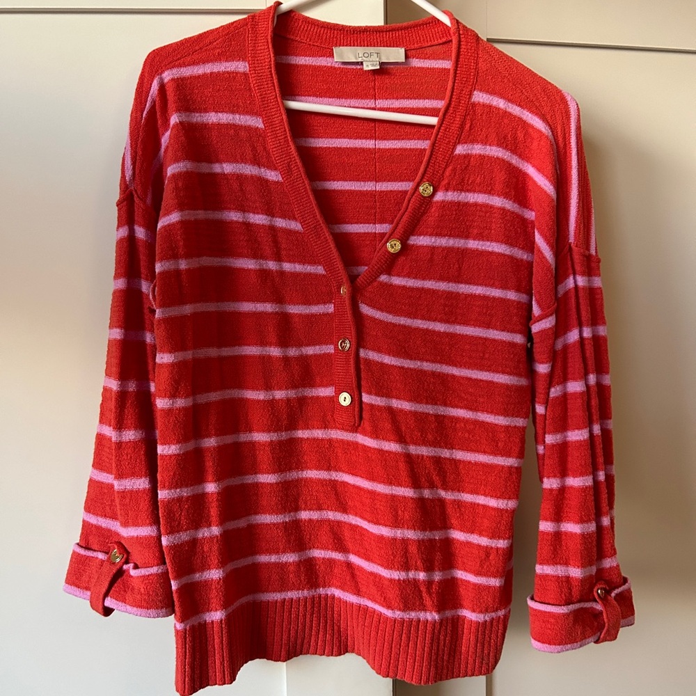 Striped V-Neck Sweater with Gold Button Embellishments, Size M by LOFT
